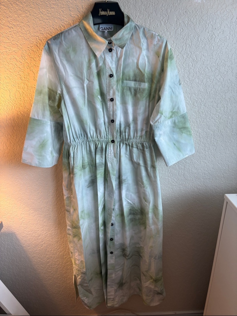 Ganni White and Green Watercolor Button-Front Dress